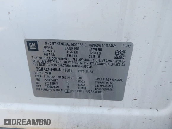 2018 Chevrolet Equinox LS with VIN 2GNAXHEV5J6110013, listed as a IAAI auction lot 41775193 with 113,938 mi miles and . Bid and sale history available at DreamBid. Image 9.