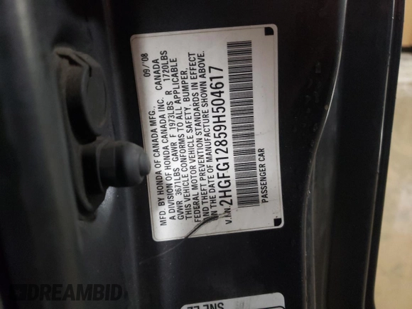 2009 Honda Civic EX with VIN 2HGFG12859H504617, listed as a Copart auction lot 85660384 with 146,445 mi miles and Salvage Title. Bid and sale history available at DreamBid. Image 13.