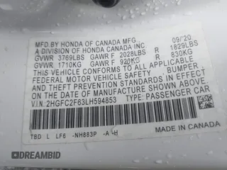 2020 Honda Civic Sedan LX with VIN 2HGFC2F63LH594853, listed as a IAAI auction lot 41805120 with 54,355 mi miles. Bid and sale history available at carsss.com. Image 9.