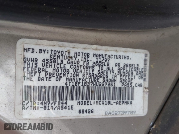 1998 Toyota Avalon XL with VIN 4T1BF18B7WU227251, listed as a IAAI auction lot 42213628 with 188,120 mi miles and . Bid and sale history available at DreamBid. Image 9.