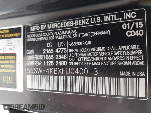 2015 Mercedes-Benz C C 300 Luxury with VIN 55SWF4KBXFU040013, listed as a IAAI auction lot 42136894 with 123,460 mi miles. Bid and sale history available at carsss.com. Image 9.