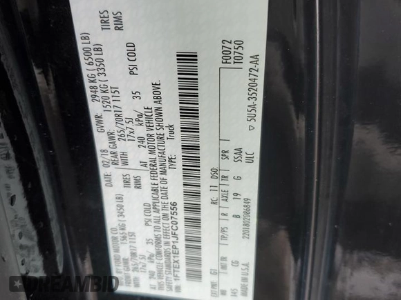 2018 Ford F-150 XL z VIN 1FTEX1EP1JFC07556, wystawiony jako Copart lot #47791175 z przebiegiem 70 597 mil mil oraz Szkoda całkowita • Salvage title. Historia ofert i sprzedaży dostępna na DreamBid. Obrazek 14.