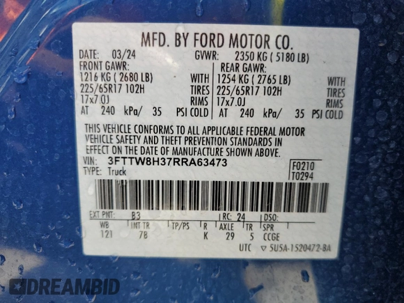 2024 Ford Maverick XLT with VIN 3FTTW8H37RRA63473, listed as a Copart auction lot 61185685 with 15,535 mi miles and Salvage title. Bid and sale history available at DreamBid. Image 12.