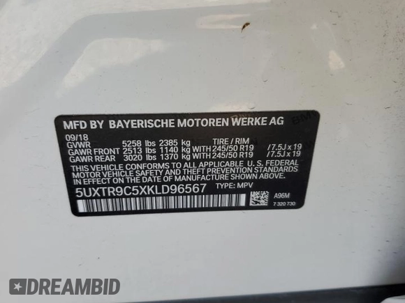 2019 BMW X3 xDrive30i with VIN 5UXTR9C5XKLD96567, listed as a Copart auction lot 50338595 with 102,057 mi miles and Salvage Title. Bid and sale history available at DreamBid. Image 13.