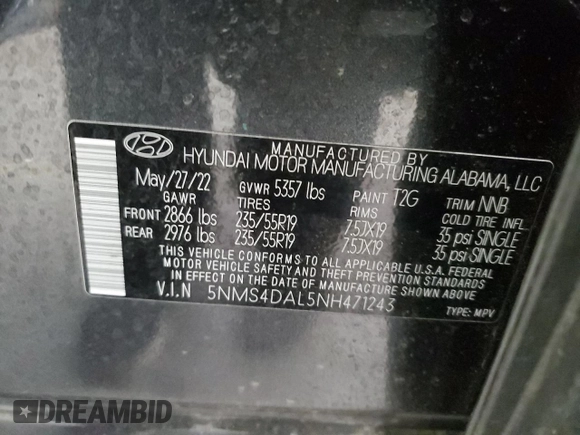 2022 Hyundai Santa Fe Limited with VIN 5NMS4DAL5NH471243, listed as a Copart auction lot 52089065 with 14,329 mi miles and Salvage Title. Bid and sale history available at carsss.com. Image 14.