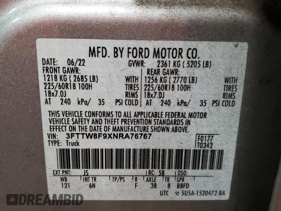 2022 Ford Maverick XL z VIN 3FTTW8F9XNRA76767, wystawiony jako Copart lot #60539205 z przebiegiem 25 082 mil mil oraz Szkoda całkowita • Salvage title. Historia ofert i sprzedaży dostępna na DreamBid. Obrazek 12.