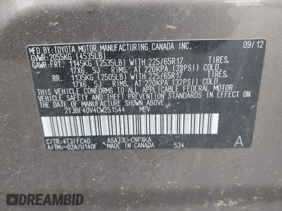 2012 Toyota RAV4 with VIN 2T3BF4DV4CW251544, listed as a IAAI auction lot 42015969 with Not Provided miles. Bid and sale history available at carsss.com. Image 9.