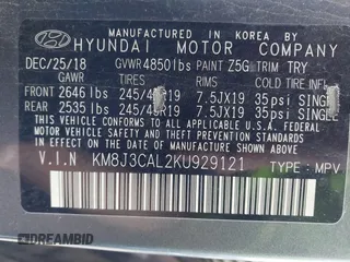 2019 Hyundai Tucson Ultimate with VIN KM8J3CAL2KU929121, listed as a IAAI auction lot 40793502 with 142,846 mi miles. Bid and sale history available at carsss.com. Image 9.