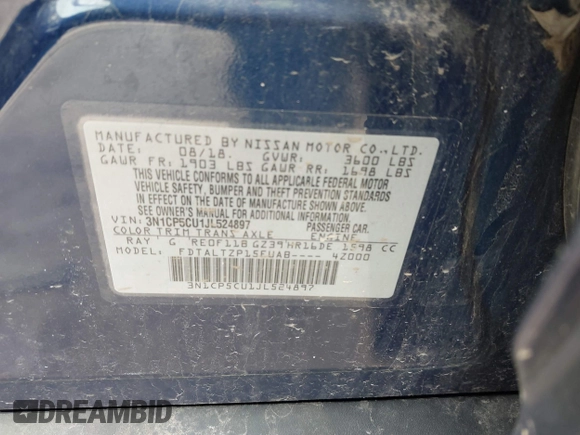 2018 Nissan Kicks SV с VIN 3N1CP5CU1JL524897, выставлен на аукционе IAAI как лот 41996916 с пробегом 101 484 миль миль и . История ставок и продаж доступна на DreamBid. Изображение 9.