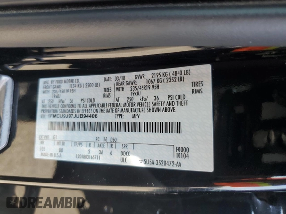 2018 Ford Escape Titanium with VIN 1FMCU9J97JUB94406, listed as a Copart auction lot 66663215 with 96,482 mi miles and Salvage title. Bid and sale history available at DreamBid. Image 14.