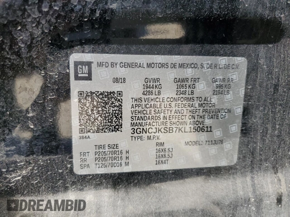 2019 Chevrolet Trax LS with VIN 3GNCJKSB7KL150611, listed as a Copart auction lot 50138525 with 96,873 mi miles and Non Repairable. Bid and sale history available at carsss.com. Image 15.