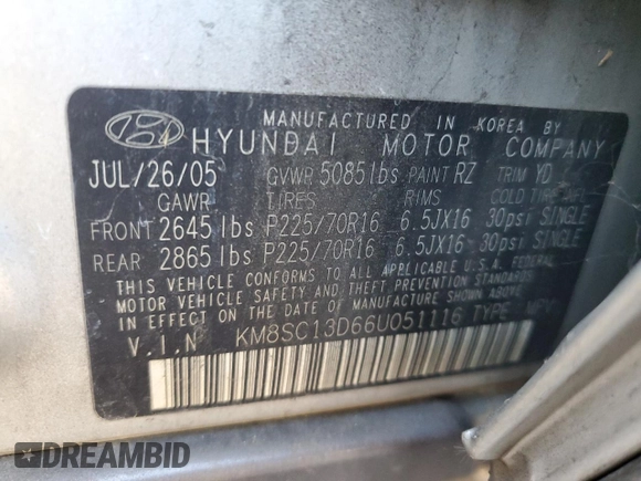 2006 Hyundai Santa Fe GLS with VIN KM8SC13D66U051116, listed as a Copart auction lot 79662704 with 207,884 mi miles and Clean Title. Bid and sale history available at carsss.com. Image 12.