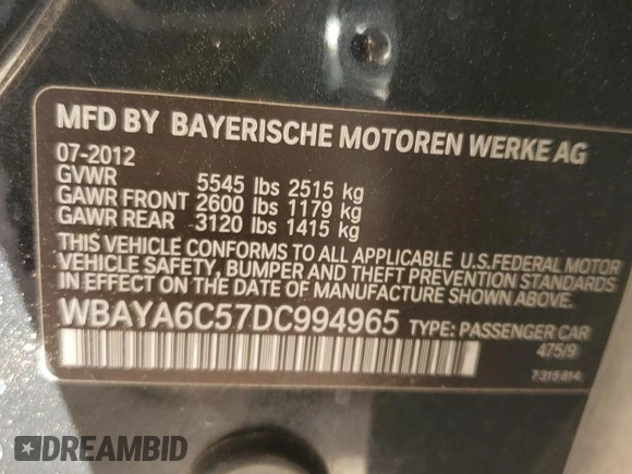 2013 BMW 7 Series 740i with VIN WBAYA6C57DC994965, listed as a Copart auction lot 81635414 with 110,698 mi miles and Salvage Title. Bid and sale history available at carsss.com. Image 12.