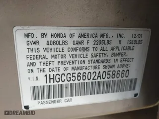 2002 Honda Accord Sdn EX with VIN 1HGCG56602A058660, listed as a IAAI auction lot 42117269 with 179,405 mi miles. Bid and sale history available at carsss.com. Image 9.