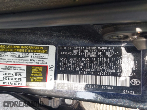 2012 Toyota Camry L z VIN 4T4BF1FK5CR206015, wystawiony jako IAAI lot #42057641 z przebiegiem Nie podano mil oraz . Historia ofert i sprzedaży dostępna na DreamBid. Obrazek 9.