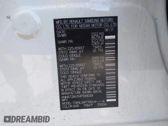 2017 Nissan Rogue S with VIN KNMAT2MV5HP599039, listed as a IAAI auction lot 42389818 with 103,914 mi miles and . Bid and sale history available at DreamBid. Image 9.