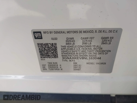 2022 Chevrolet Equinox LT with VIN 3GNAXKEV8NL163044, listed as a IAAI auction lot 41202331 with 19,389 mi miles and . Bid and sale history available at DreamBid. Image 9.