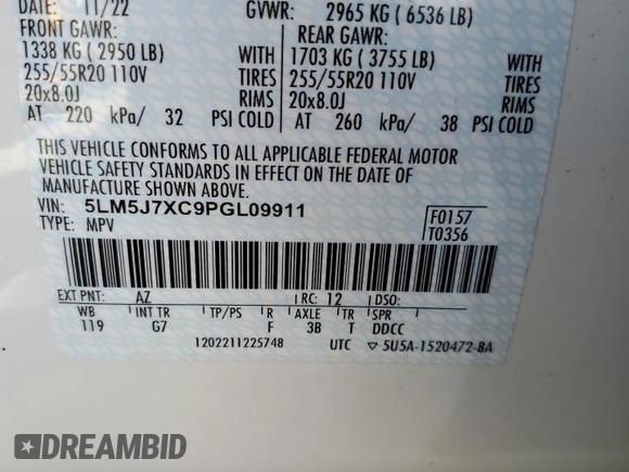 2023 Lincoln Aviator Reserve z VIN 5LM5J7XC9PGL09911, wystawiony jako Copart lot #53422075 z przebiegiem 29 377 mil mil oraz Szkoda całkowita • Salvage title. Historia ofert i sprzedaży dostępna na DreamBid. Obrazek 13.