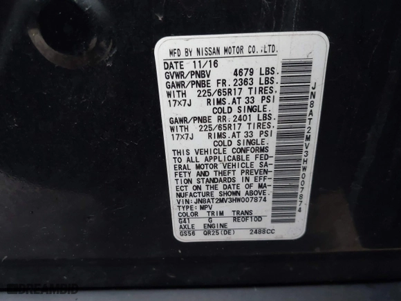 2017 Nissan Rogue SL with VIN JN8AT2MV3HW007874, listed as a IAAI auction lot 41879813 with 198,323 mi miles. Bid and sale history available at carsss.com. Image 9.