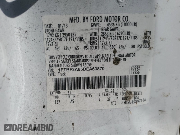 2013 Ford F-250 XL with VIN 1FTBF2A65DEA63870, listed as a Copart auction lot 83308544 with 83,554 mi miles and Salvage Title. Bid and sale history available at DreamBid. Image 12.