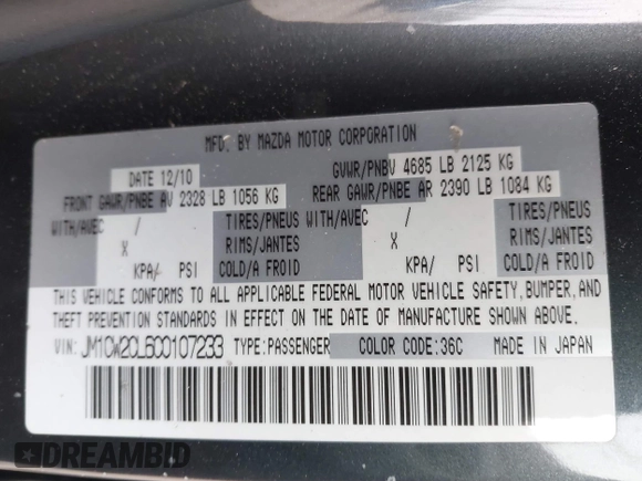 2012 Mazda 5 Touring with VIN JM1CW2CL6C0107233, listed as a IAAI auction lot 41332199 with 130,428 mi miles and . Bid and sale history available at DreamBid. Image 9.