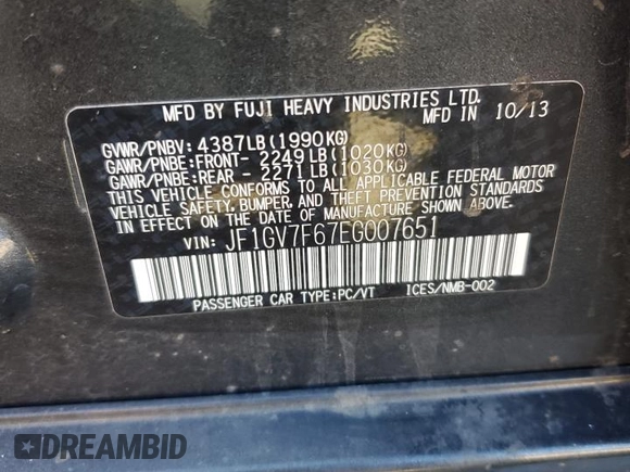 2014 Subaru Impreza Sedan WRX WRX with VIN JF1GV7F67EG007651, listed as a Copart auction lot 73977284 with 101,924 mi miles and Clean Title. Bid and sale history available at carsss.com. Image 12.