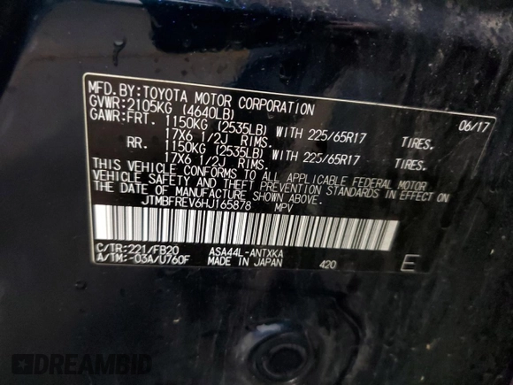 2017 Toyota RAV4 LE with VIN JTMBFREV6HJ165878, listed as a Copart auction lot 58940845 with 120,897 mi miles and Salvage title. Bid and sale history available at DreamBid. Image 13.