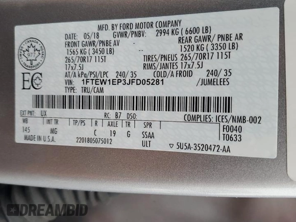 2018 Ford F-150 XL with VIN 1FTEW1EP3JFD05281, listed as a Copart auction lot 50724245 with 48,541 mi miles and Salvage title. Bid and sale history available at DreamBid. Image 12.