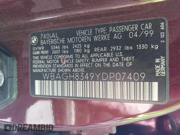 2000 BMW 7 Series 740iL with VIN WBAGH8349YDP07409, listed as a IAAI auction lot 42465862 with Not provided miles and . Bid and sale history available at DreamBid. Image 9.