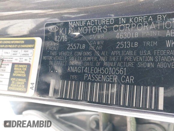 2017 Kia Optima z VIN KNAGT4LE0H5010561, wystawiony jako IAAI lot #41623263 z przebiegiem 80 442 mil mil oraz . Historia ofert i sprzedaży dostępna na DreamBid. Obrazek 9.