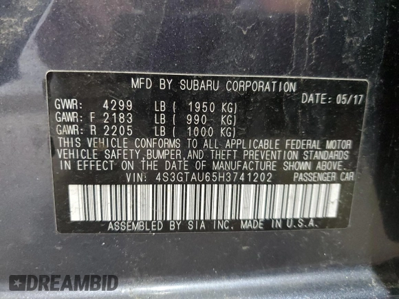 2017 Subaru Impreza Limited with VIN 4S3GTAU65H3741202, listed as a Copart auction lot 56277185 with 52,048 mi miles and Salvage title. Bid and sale history available at DreamBid. Image 12.