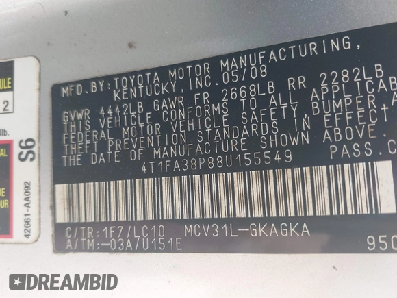 2008 Toyota Solara SE with VIN 4T1FA38P88U155549, listed as a IAAI auction lot 42144635 with 235,333 mi miles and . Bid and sale history available at DreamBid. Image 9.