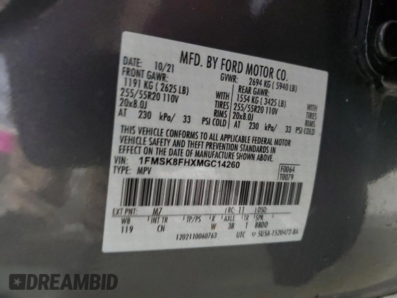 2021 Ford Explorer Limited z VIN 1FMSK8FHXMGC14260, wystawiony jako Copart lot #54121465 z przebiegiem 36 155 mil mil oraz Szkoda całkowita • Salvage title. Historia ofert i sprzedaży dostępna na DreamBid. Obrazek 13.