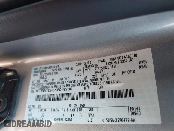 2019 Ford F-150 XL with VIN 1FTEW1CP6KFD42734, listed as a IAAI auction lot 41260505 with 101,702 mi miles and . Bid and sale history available at carsss.com. Image 9.