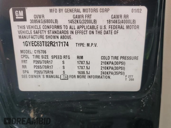 2002 Cadillac Escalade с VIN 1GYEC63T02R217174, выставлен на аукционе Copart как лот 60339985 с пробегом 229 326 миль миль и Чистый • Clean title. История ставок и продаж доступна на DreamBid. Изображение 12.