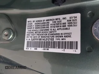 2004 Honda Element EX with VIN 5J6YH18614L012103, listed as a IAAI auction lot 41670784 with 199,341 mi miles and . Bid and sale history available at DreamBid. Image 9.
