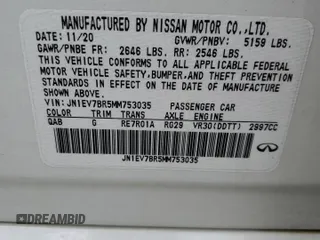 2021 Infiniti Q50 Luxe with VIN JN1EV7BR5MM753035, listed as a Copart auction lot 58970045 with 62,927 mi miles and Salvage title. Bid and sale history available at DreamBid. Image 12.