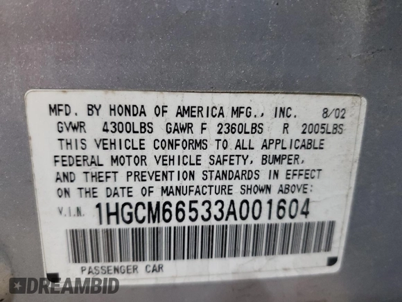 2003 Honda Accord EX z VIN 1HGCM66533A001604, wystawiony jako Copart lot #52806225 z przebiegiem 185 379 mil mil oraz Szkoda całkowita • Salvage title. Historia ofert i sprzedaży dostępna na DreamBid. Obrazek 12.