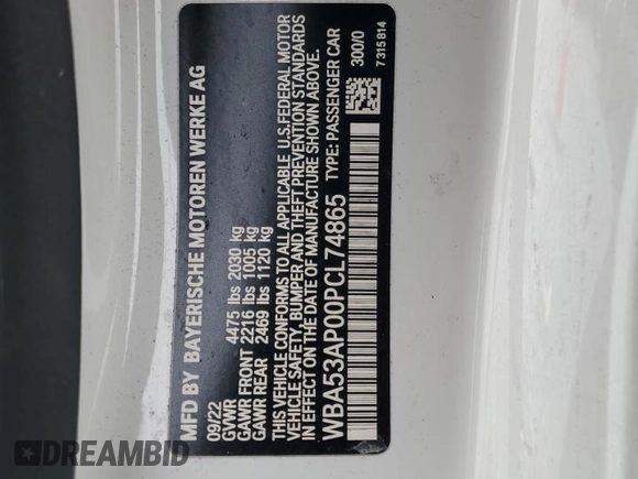 2023 BMW 4 Series 430i with VIN WBA53AP00PCL74865, listed as a Copart auction lot 89057895 with 9,000 mi miles and Salvage title. Bid and sale history available at DreamBid. Image 12.