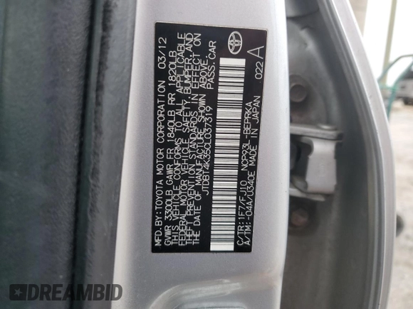 2012 Toyota Yaris with VIN JTDBT4K35CL037319, listed as a Copart auction lot 46098585 with 126,039 mi miles and Salvage Title. Bid and sale history available at DreamBid. Image 14.