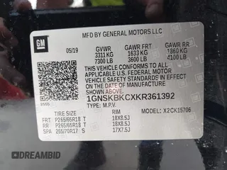 2019 Chevrolet Tahoe LT z VIN 1GNSKBKCXKR361392, wystawiony jako IAAI lot #42661332 z przebiegiem 112 973 mil mil oraz . Historia ofert i sprzedaży dostępna na DreamBid. Obrazek 9.