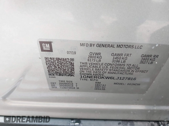 2020 Chevrolet Traverse LT Cloth с VIN 1GNERGKW6LJ127816, выставлен на аукционе IAAI как лот 42434333 с пробегом 55 383 миль миль и . История ставок и продаж доступна на DreamBid. Изображение 9.