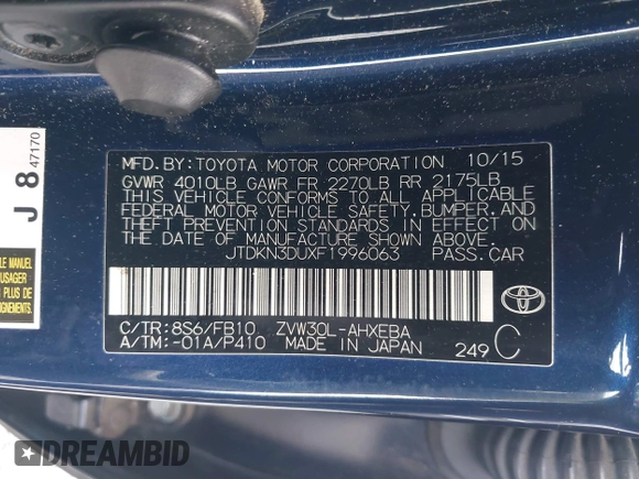 2015 Toyota Prius Four with VIN JTDKN3DUXF1996063, listed as a IAAI auction lot 41936697 with 103,180 mi miles. Bid and sale history available at carsss.com. Image 9.