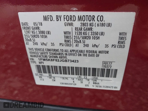 2018 Ford Explorer Limited with VIN 1FM5K8F82JGB73423, listed as a IAAI auction lot 42606779 with 49,856 mi miles and . Bid and sale history available at DreamBid. Image 9.