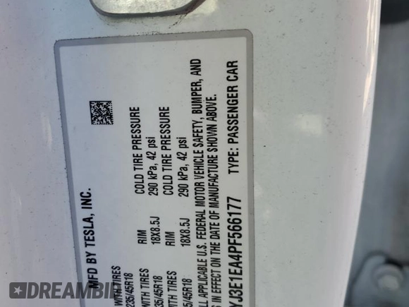 2023 Tesla Model 3 with VIN 5YJ3E1EA4PF566177, listed as a Copart auction lot 48504015 with Not Provided miles and Clean Title. Bid and sale history available at DreamBid. Image 12.