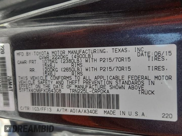 2015 Toyota Tacoma with VIN 5TFTX4CN6FX064308, listed as a Copart auction lot 61337815 with 87,209 mi miles and Salvage title. Bid and sale history available at DreamBid. Image 13.