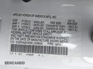 2019 Honda CR-V EX with VIN 5J6RW2H55KL009824, listed as a IAAI auction lot 41921911 with 93,690 mi miles and . Bid and sale history available at DreamBid. Image 9.