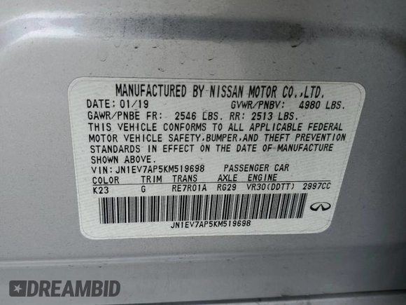 2019 Infiniti Q50 Luxe with VIN JN1EV7AP5KM519698, listed as a Copart auction lot 53374145 with 80,202 mi miles and Salvage title. Bid and sale history available at DreamBid. Image 12.