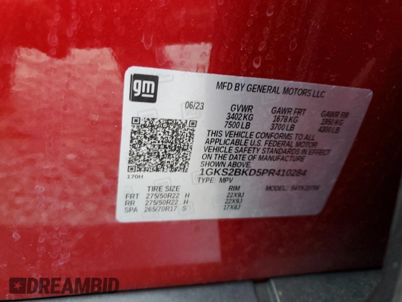 2023 GMC Yukon SLT with VIN 1GKS2BKD5PR410284, listed as a Copart auction lot 49705495 with 7,045 mi miles and Salvage Title. Bid and sale history available at carsss.com. Image 13.