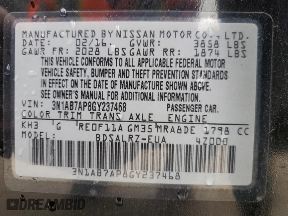2016 Nissan Sentra SR with VIN 3N1AB7AP8GY237468, listed as a Copart auction lot 55347455 with 119,034 mi miles and Salvage Title. Bid and sale history available at DreamBid. Image 12.